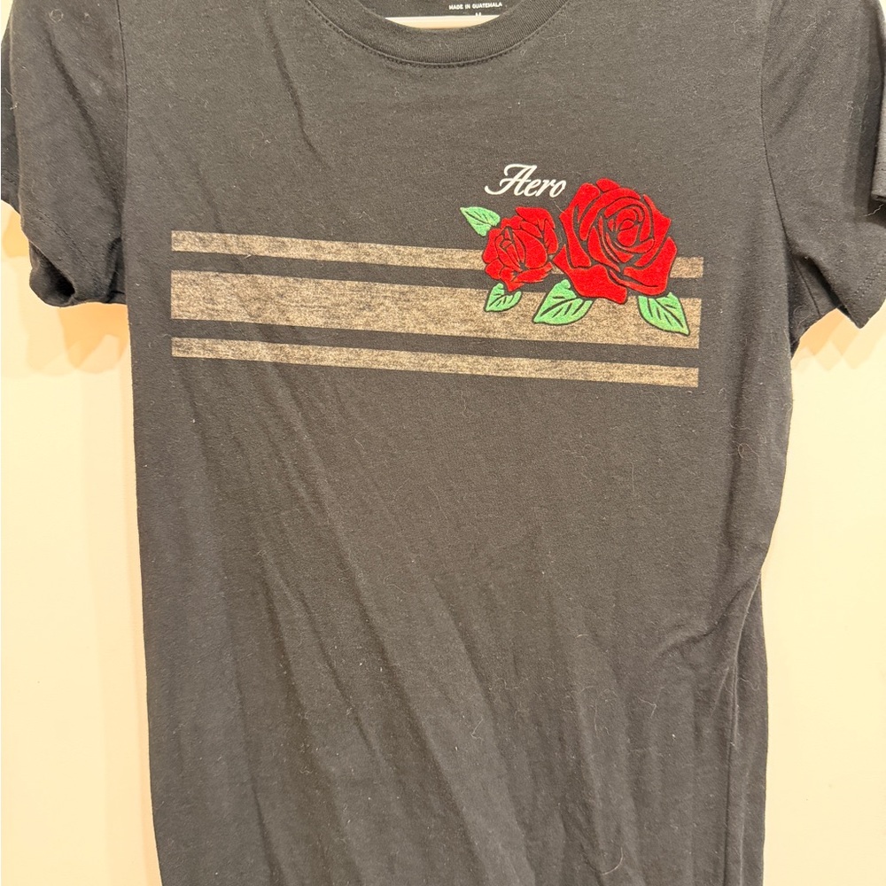 Aeropostale Black Short-Sleeve Tee with Red Rose Graphic